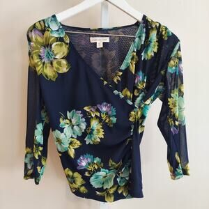 Coldwater Creek Top XS Navy Floral V-Neck Fairy Mesh Sheer Sleeve Pretty